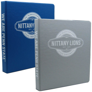 royal blue and charcoal 3 ring 1" binders The Pennsylvania State University Nittany Lions on front, We Are Penn State on spine
